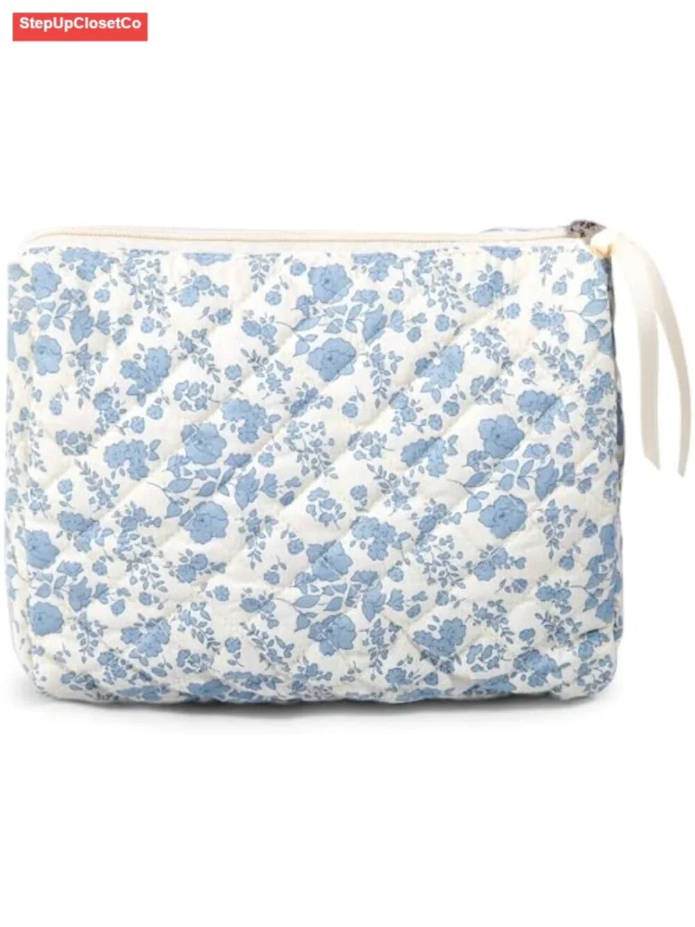 Quilted Cotton Makeup Bag with Zipper, Large Capacity Cosmetic Organizer for